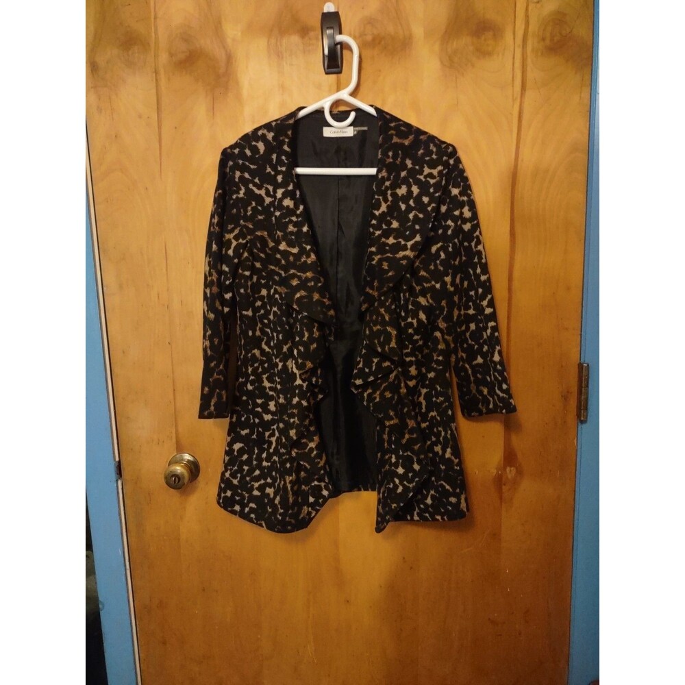 Calvin Klein Womens Ruffle Open Front Jacket Big Cat Animal Print Size 6